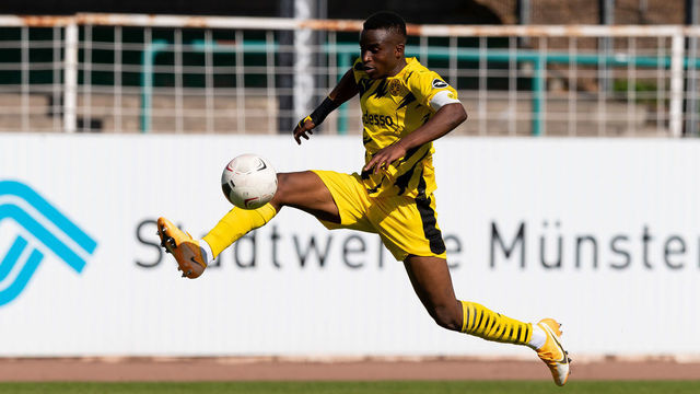 MUENSTER, GERMANY - SEPTEMBER 20: (BILD ZEITUNG OUT) Youssoufa Moukoko of Borussia Dortmund U19 controls the ball during the A-Junior Bundesliga West match between SC Preussen Muenster and Borussia Dortmund on September 20, 2020 in Muenster, Germany.