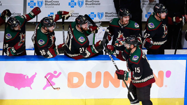 EDMONTON, ALBERTA - AUGUST 15: Brad Richardson #15 of the Arizona Coyotes celebrates his goal at 19:26 of the second period against the Colorado Avalanche in Game Three of the Western Conference First Round during the 2020 NHL Stanley Cup Playoffs at Rogers Place on August 15, 2020 in Edmonton, Alberta, Canada.