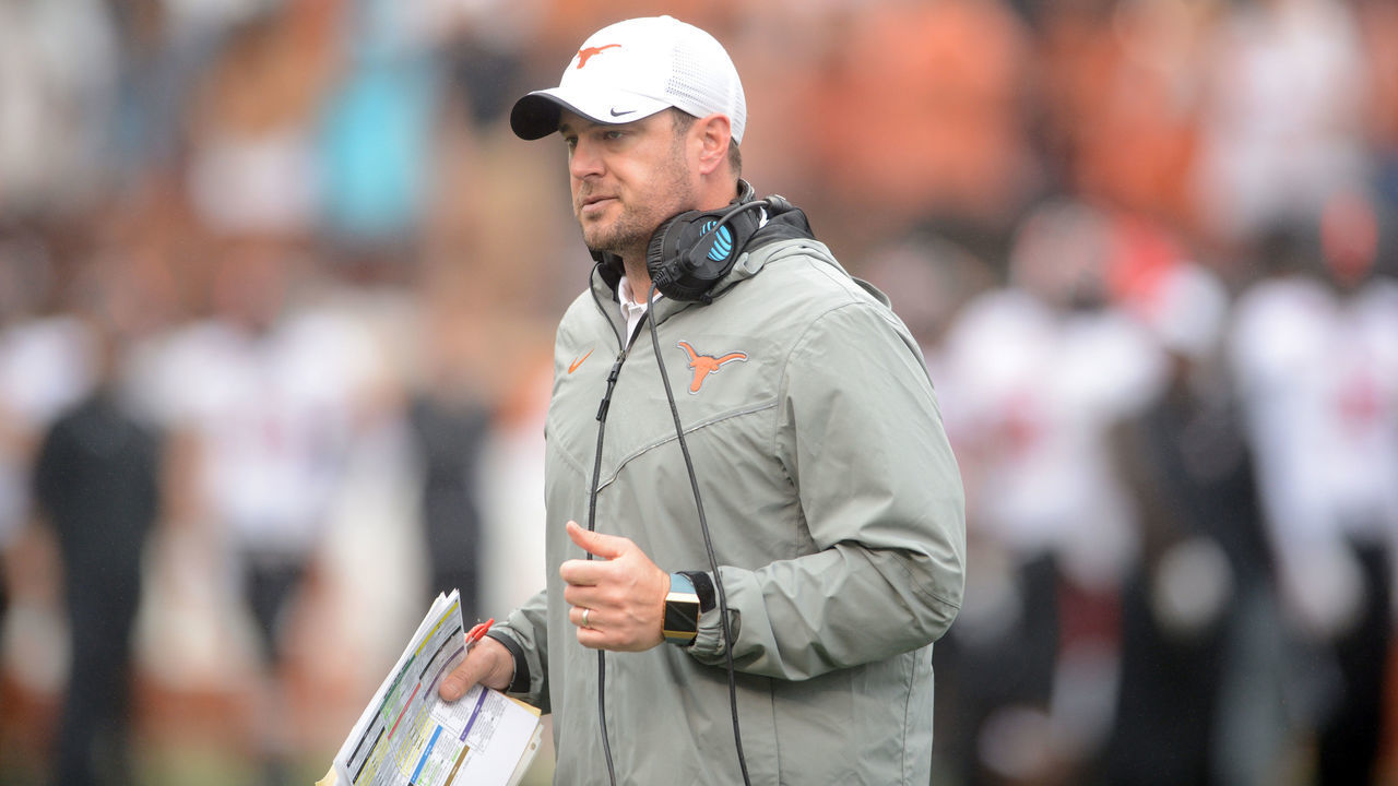 AUSTIN, TX - NOVEMBER 29: Texas Longhorns head coach Tom Herman watches action during game against the Texas Tech Red Raiders on November 29, 2019 at Darrell K Royal-Texas Memorial Stadium in Austin, Texas.