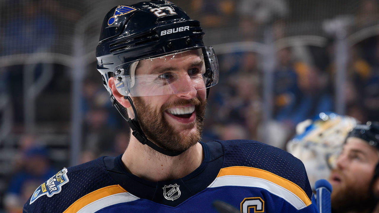 ST. LOUIS, MO - JANUARY 7: Alex Pietrangelo #27 of the St. Louis Blues during the game against the San Jose Sharks at Enterprise Center on January 7, 2020 in St. Louis, Missouri.