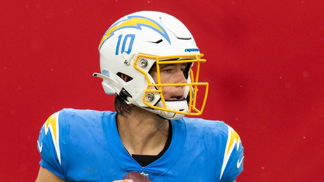 TAMPA, FLORIDA - OCTOBER 04: Justin Herbert #10 of the Los Angeles Chargers looks to pass during the third quarter of a game against the Tampa Bay Buccaneers at Raymond James Stadium on October 04, 2020 in Tampa, Florida.