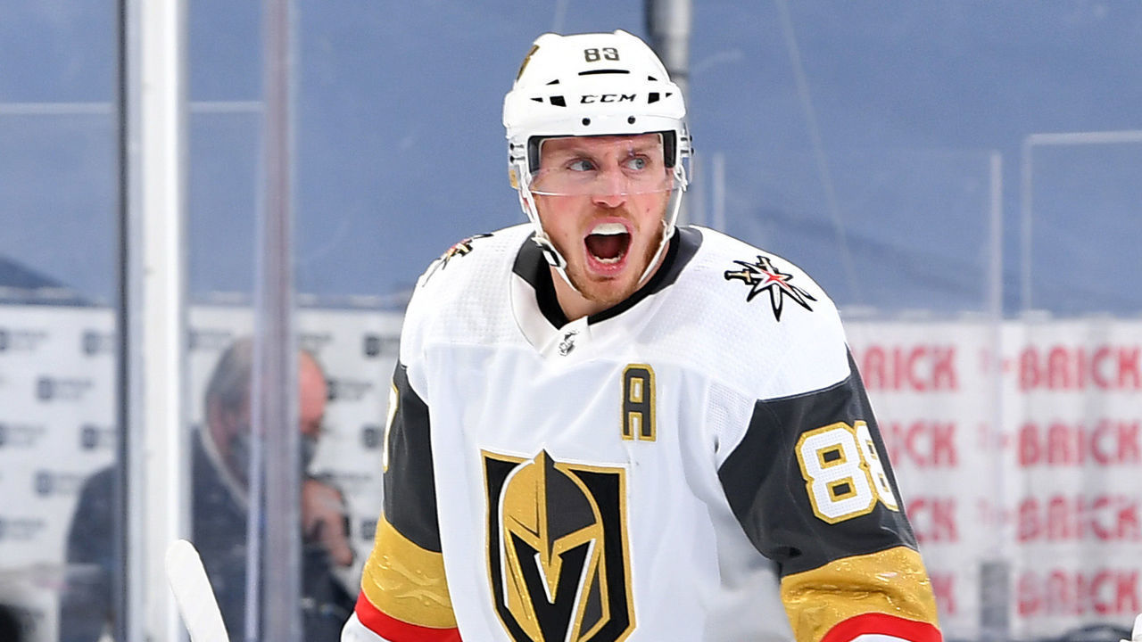 EDMONTON, ALBERTA - AUGUST 30: Nate Schmidt #88 of the Vegas Golden Knights reacts after Schmidt scored in the third period of Game Four of the Western Conference Second Round of the 2020 NHL Stanley Cup Playoff between the Vegas Golden Knights and the Vancouver Canucks at Rogers Place on August 30, 2020 in Edmonton, Alberta.