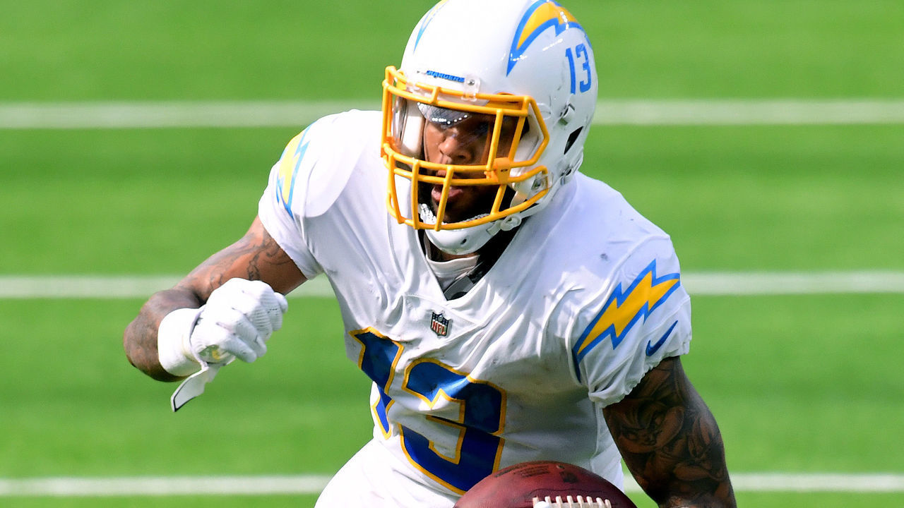 INGLEWOOD, CALIFORNIA - SEPTEMBER 27: Keenan Allen #13 of the Los Angeles Chargers runs after his catch for a first down during the third quarter in a 21-16 Carolina Panthers win at SoFi Stadium on September 27, 2020 in Inglewood, California.