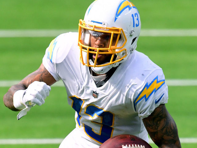 INGLEWOOD, CALIFORNIA - SEPTEMBER 27: Keenan Allen #13 of the Los Angeles Chargers runs after his catch for a first down during the third quarter in a 21-16 Carolina Panthers win at SoFi Stadium on September 27, 2020 in Inglewood, California.