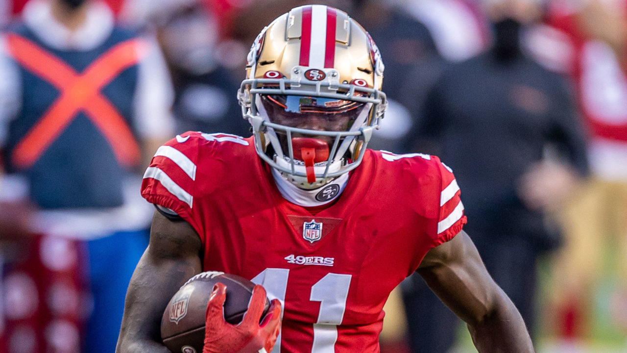 SANTA CLARA, CA - OCTOBER 04: San Francisco 49ers Wide Receiver Brandon Aiyuk (11) runs downfield for a touchdown during the NFL football game between the Philadelphia Eagles and the San Francisco 49ers on October 4, 2020 at Levis Stadium in Santa Clara, CA.