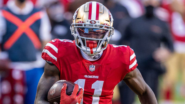 SANTA CLARA, CA - OCTOBER 04: San Francisco 49ers Wide Receiver Brandon Aiyuk (11) runs downfield for a touchdown during the NFL football game between the Philadelphia Eagles and the San Francisco 49ers on October 4, 2020 at Levis Stadium in Santa Clara, CA.