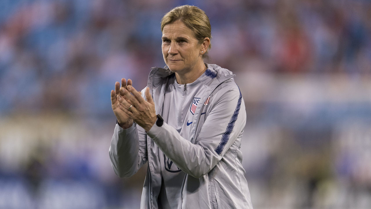CHARLOTTE, NC - OCTOBER 03: Jill Ellis of the United States watches her team during a game between Korea Republic and USWNT at Bank of America Stadium on October 3, 2019 in Charlotte, North Carolina. .