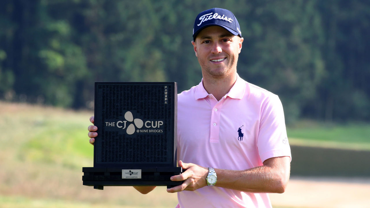 JEJU, SOUTH KOREA - OCTOBER 20: Justin Thomas of the United States poses with the trophy after winning the tournament during the final round of the CJ Cup @Nine Bridges at the Club at Nine Bridges on October 20, 2019 in Jeju, South Korea.