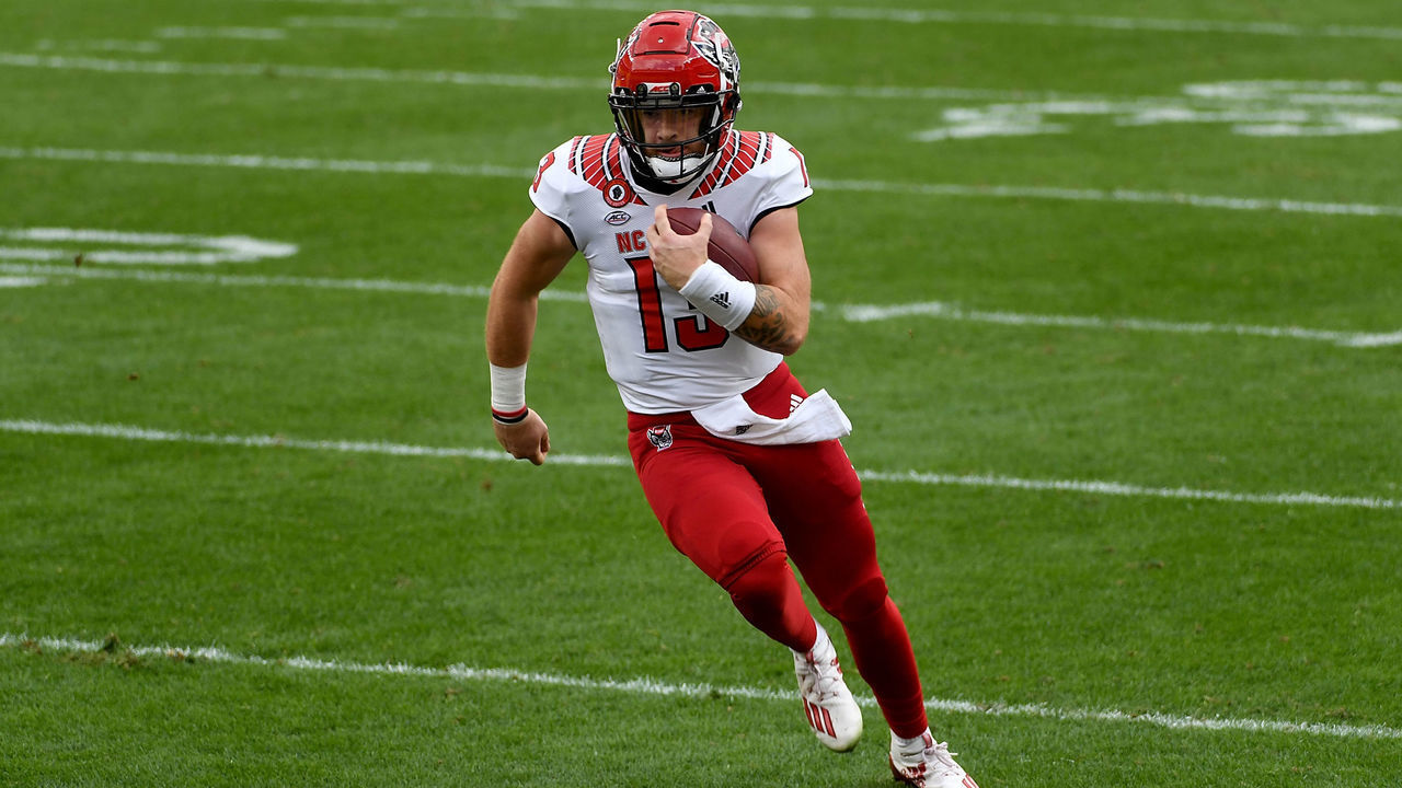 PITTSBURGH, PA - OCTOBER 03: Devin Leary #13 of the North Carolina State Wolfpack in action during the game against the Pittsburgh Panthers at Heinz Field on October 3, 2020 in Pittsburgh, Pennsylvania.