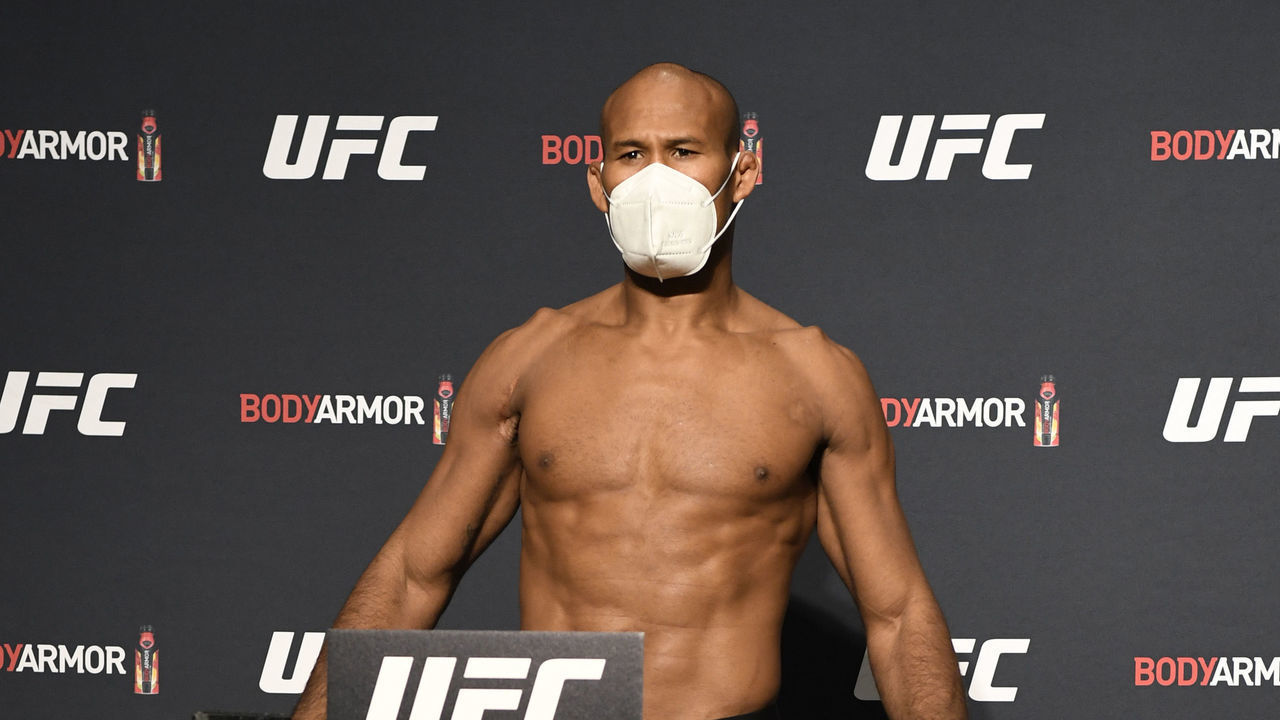 JACKSONVILLE, FLORIDA - MAY 08: Ronaldo 'Jacare' Souza poses on the scale during the UFC 249 official weigh-in on May 08, 2020 in Jacksonville, Florida.