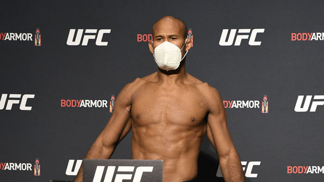 JACKSONVILLE, FLORIDA - MAY 08: Ronaldo 'Jacare' Souza poses on the scale during the UFC 249 official weigh-in on May 08, 2020 in Jacksonville, Florida.
