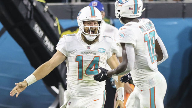 JACKSONVILLE, FLORIDA - SEPTEMBER 24: Ryan Fitzpatrick #14 of the Miami Dolphins celebrates with Preston Williams #18 after scoring a touchdown against the Jacksonville Jaguars at TIAA Bank Field on September 24, 2020 in Jacksonville, Florida.
