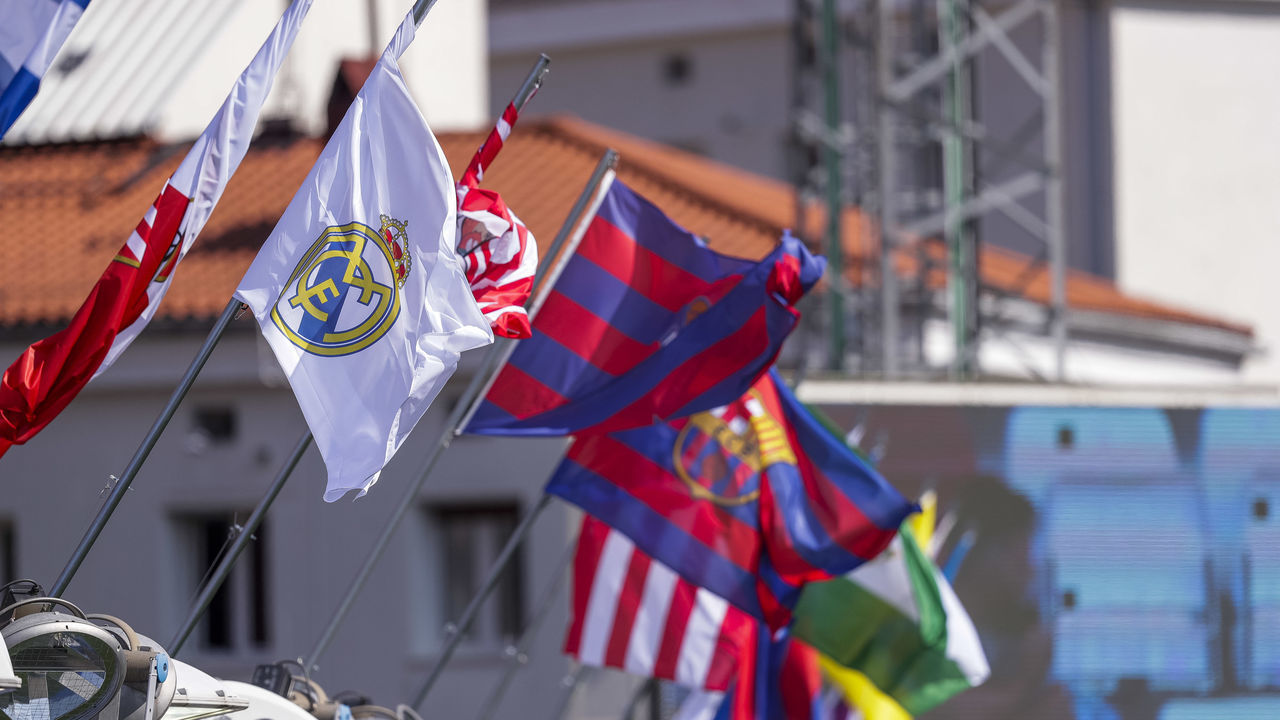 EIBAR, SPAIN - SEPTEMBER 12: Real Madrid flags and FC Barcelona flags in the SD Eibar Stadium during the La Liga Santander match between Eibar v Celta de Vigo at the Estadio Municipal de Ipurua on September 12, 2020 in Eibar Spain