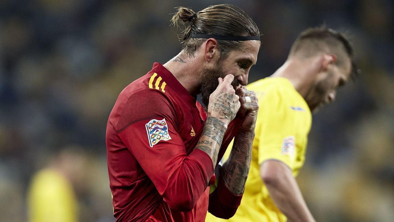 KYIV, UKRAINE - OCTOBER 13: Sergio Ramos of Spain reacts during the UEFA Nations League group stage match between Ukraine and Spain at NSK Olmpiyskiy on October 13, 2020 in Kyiv, Ukraine.