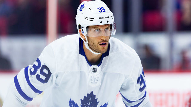 OTTAWA, ON - SEPTEMBER 19: Toronto Maple Leafs left wing Rich Clune (39) prepares for a face-off during third period National Hockey League preseason action between the Toronto Maple Leafs and Ottawa Senators on September 19, 2018, at Canadian Tire Centre in Ottawa, ON, Canada.
