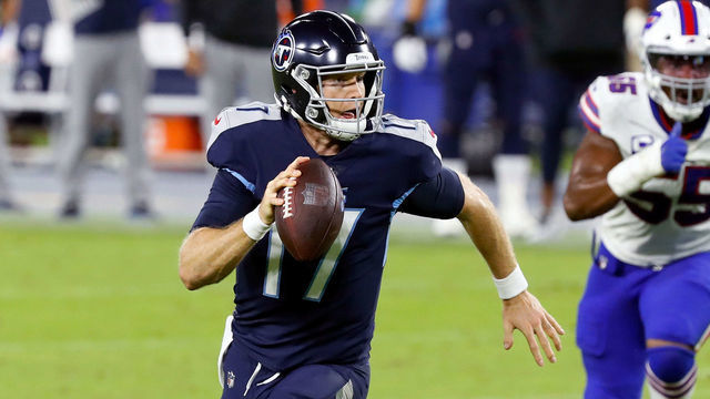 NASHVILLE, TENNESSEE - OCTOBER 13: Ryan Tannehill #17 of the Tennessee Titans runs with the ball in the second quarter against the Buffalo Bills at Nissan Stadium on October 13, 2020 in Nashville, Tennessee.