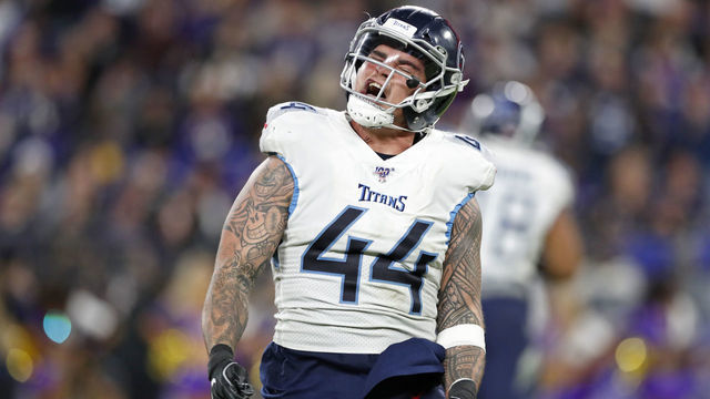 BALTIMORE, MD - JANUARY 11: Kamalei Correa #44 of the Tennessee Titans reacts after a play during the third quarter of the AFC Divisional Playoff game against the Baltimore Ravens at M&T Bank Stadium on January 11, 2020 in Baltimore, Maryland.