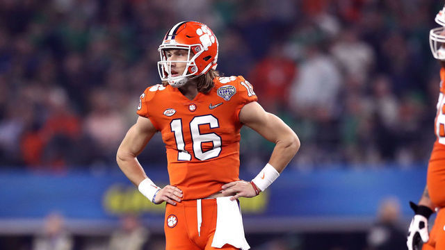 ARLINGTON, TEXAS - DECEMBER 29: Trevor Lawrence #16 of the Clemson Tigers looks on in the first half against the Notre Dame Fighting Irish during the College Football Playoff Semifinal Goodyear Cotton Bowl Classic at AT&T Stadium on December 29, 2018 in Arlington, Texas.