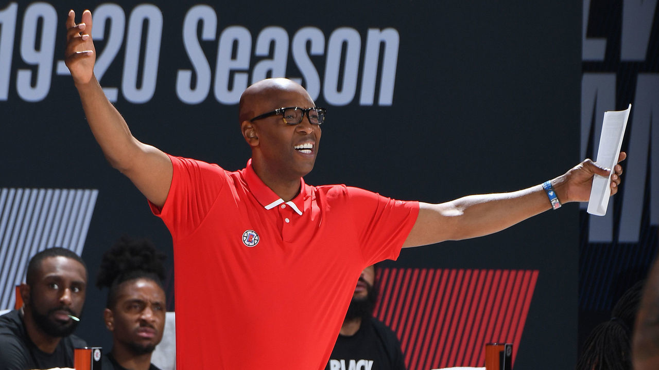 Orlando, FL - SEPTEMBER 13: Sam Cassell of the LA Clippers reacts from the sideline during Game Six of the Western Conference Semifinals on September 13, 2020 in Orlando, Florida at AdventHealth Arena. NOTE TO USER: User expressly acknowledges and agrees that, by downloading and/or using this Photograph, user is consenting to the terms and conditions of the Getty Images License Agreement. Mandatory Copyright Notice: Copyright 2020 NBAE