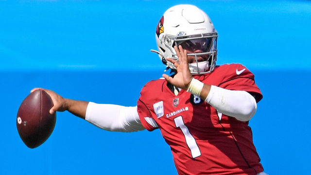 CHARLOTTE, NORTH CAROLINA - OCTOBER 04: Kyler Murray #1 of the Arizona Cardinals drops back to pass against the Carolina Panthers during the first quarter of their game at Bank of America Stadium on October 04, 2020 in Charlotte, North Carolina.