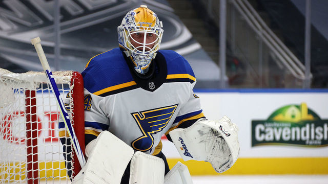 EDMONTON, ALBERTA - AUGUST 17: Goaltender Jake Allen #34 of the St. Louis Blues defends his net in the third period of Game Four of the Western Conference First Round of the 2020 NHL Stanley Cup Playoff between the St Louis Blues and the Vancouver Canucks at Rogers Place on August 17, 2020 in Edmonton, Alberta.