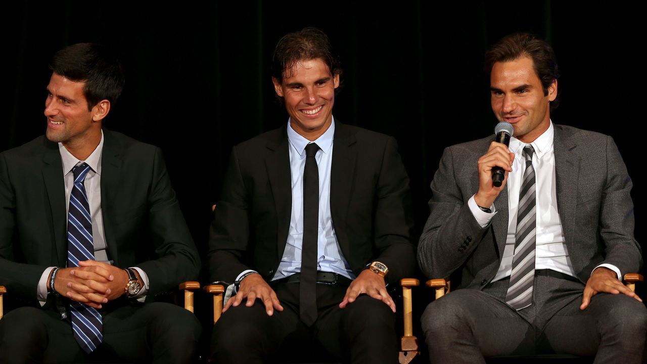 NEW YORK, NY - AUGUST 23: Novak Djokovic of Serbia; Rafael Nadal of Spain and Roger Federer of Switzerland on stage during the ATP Heritage Celebration at The Waldorf=Astoria on August 23, 2013 in New York City.
