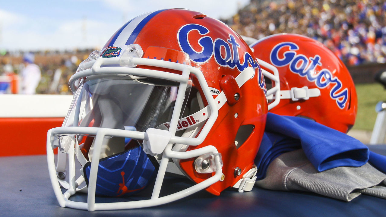 COLUMBIA, MO - NOVEMBER 16: Florida Gators branded helmets sits atop a table during the game between the Missouri Tigers and the Florida Gators on Saturday, November 16, 2019 at Memorial Stadium in Columbia, MO.