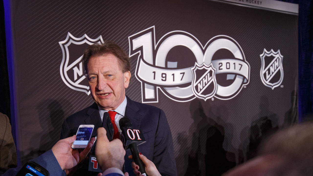 OTTAWA, ON - MARCH 17: Ottawa Senators Owner, Governor & Chairman Eugene Melnyk speaks to media during the 2017 Scotiabank NHL 100 Classic announcement at the Chateau Laurier on March 17, 2017 in Ottawa, Ontario, Canada.