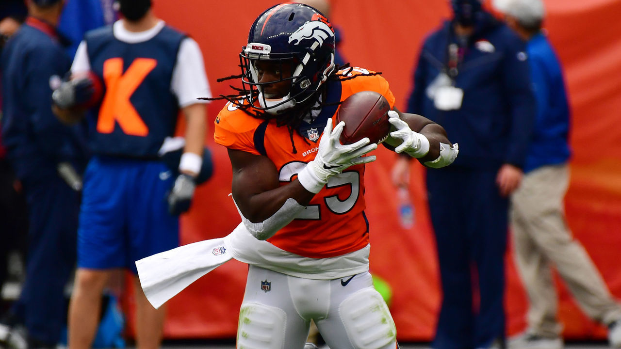 DENVER, CO - SEPTEMBER 27 : Denver Broncos RB Melvin Gordon III is in action during 2nd quarter of the game against Tampa Bay Buccaneers at Empower Field at Mile High in Denver, Colorado on Sunday. September 27, 2020.