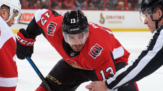 OTTAWA, ON - FEBRUARY 29: Nick Paul #13 of the Ottawa Senators prepares for a face-off against the Detroit Red Wings at Canadian Tire Centre on February 29, 2020 in Ottawa, Ontario, Canada.