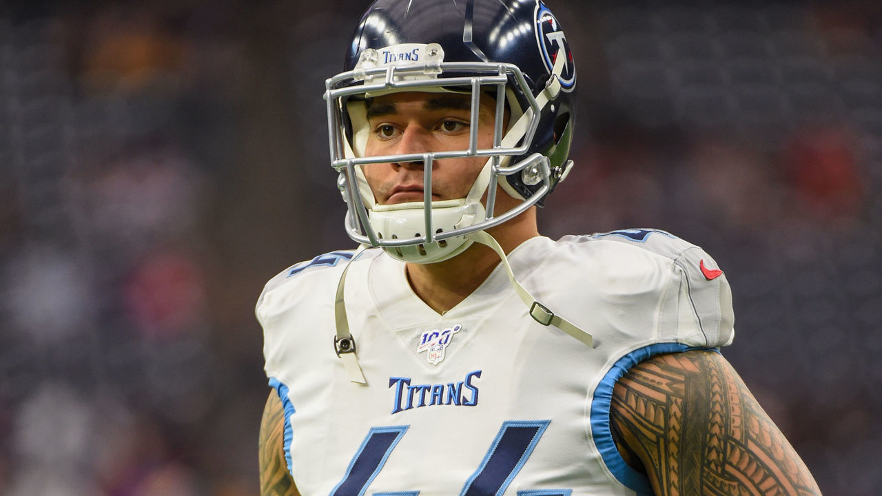 HOUSTON, TX - DECEMBER 29: Tennessee Titans outside linebacker Kamalei Correa (44) warms up before the football game between the Tennessee Titans and Houston Texans at NRG Stadium on December 29, 2019 in Houston, TX.