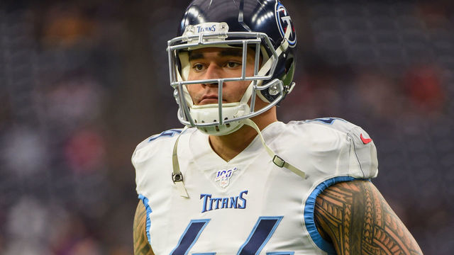 HOUSTON, TX - DECEMBER 29: Tennessee Titans outside linebacker Kamalei Correa (44) warms up before the football game between the Tennessee Titans and Houston Texans at NRG Stadium on December 29, 2019 in Houston, TX.