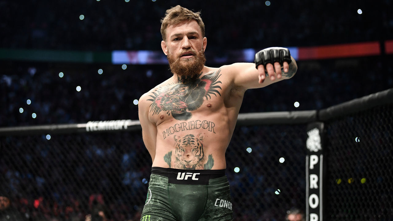 LAS VEGAS, NV - OCTOBER 06: Conor McGregor of Ireland enters the Octagon before facing Khabib Nurmagomedov of Russia in their UFC lightweight championship bout during the UFC 229 event inside T-Mobile Arena on October 6, 2018 in Las Vegas, Nevada.