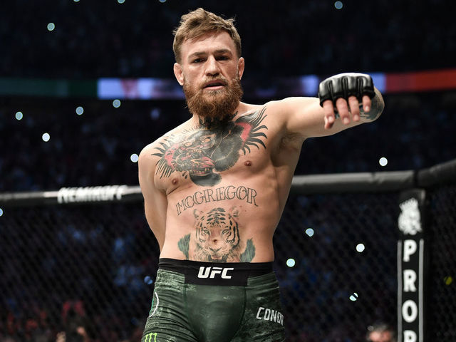 LAS VEGAS, NV - OCTOBER 06: Conor McGregor of Ireland enters the Octagon before facing Khabib Nurmagomedov of Russia in their UFC lightweight championship bout during the UFC 229 event inside T-Mobile Arena on October 6, 2018 in Las Vegas, Nevada.