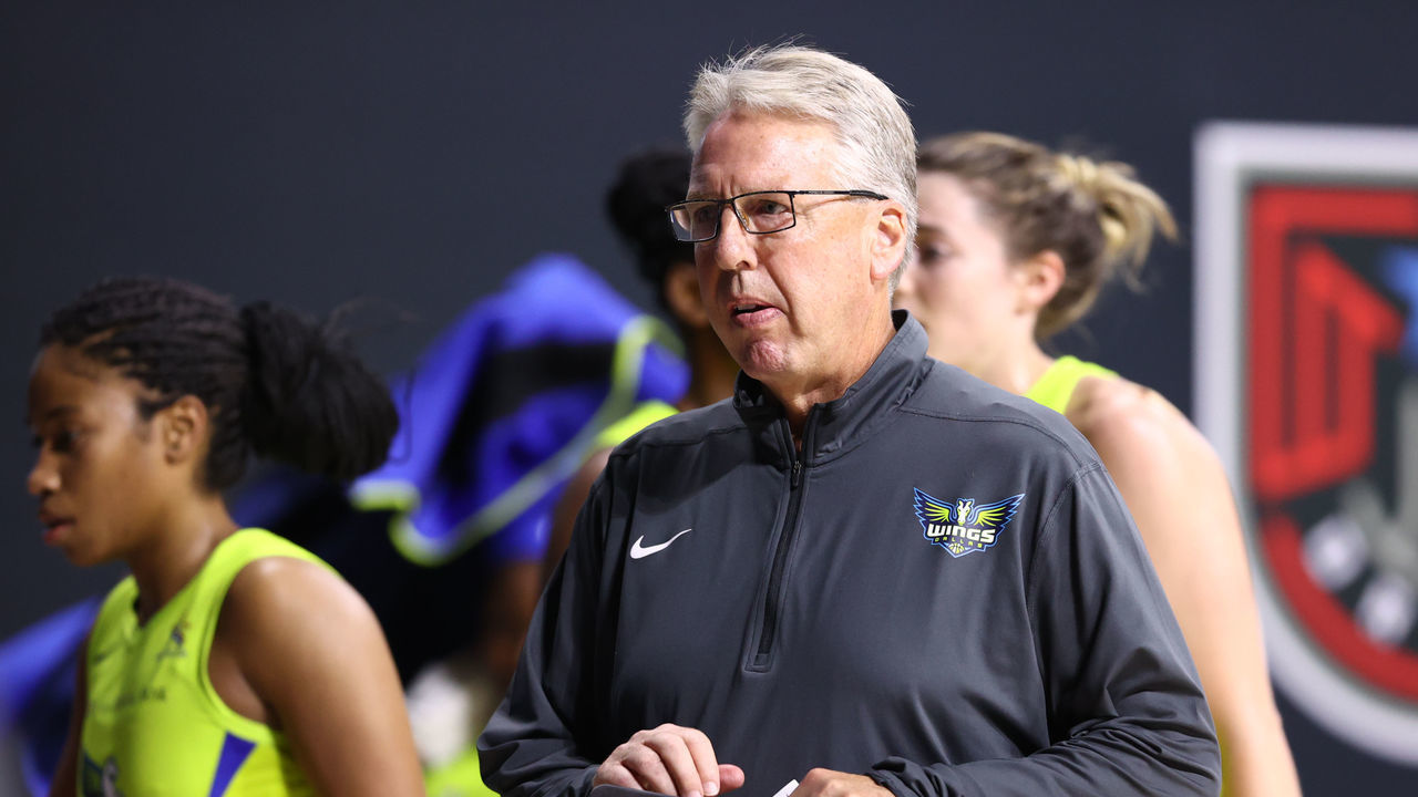 PALMETTO, FL - SEPTEMBER 11: Head coach Brian Agler of the Dallas Wings looks on during the game against the Chicago Sky on September 11, 2020 at Feld Entertainment Center in Palmetto, Florida. NOTE TO USER: User expressly acknowledges and agrees that, by downloading and/or using this Photograph, user is consenting to the terms and conditions of the Getty Images License Agreement. Mandatory Copyright Notice: Copyright 2020 NBAE