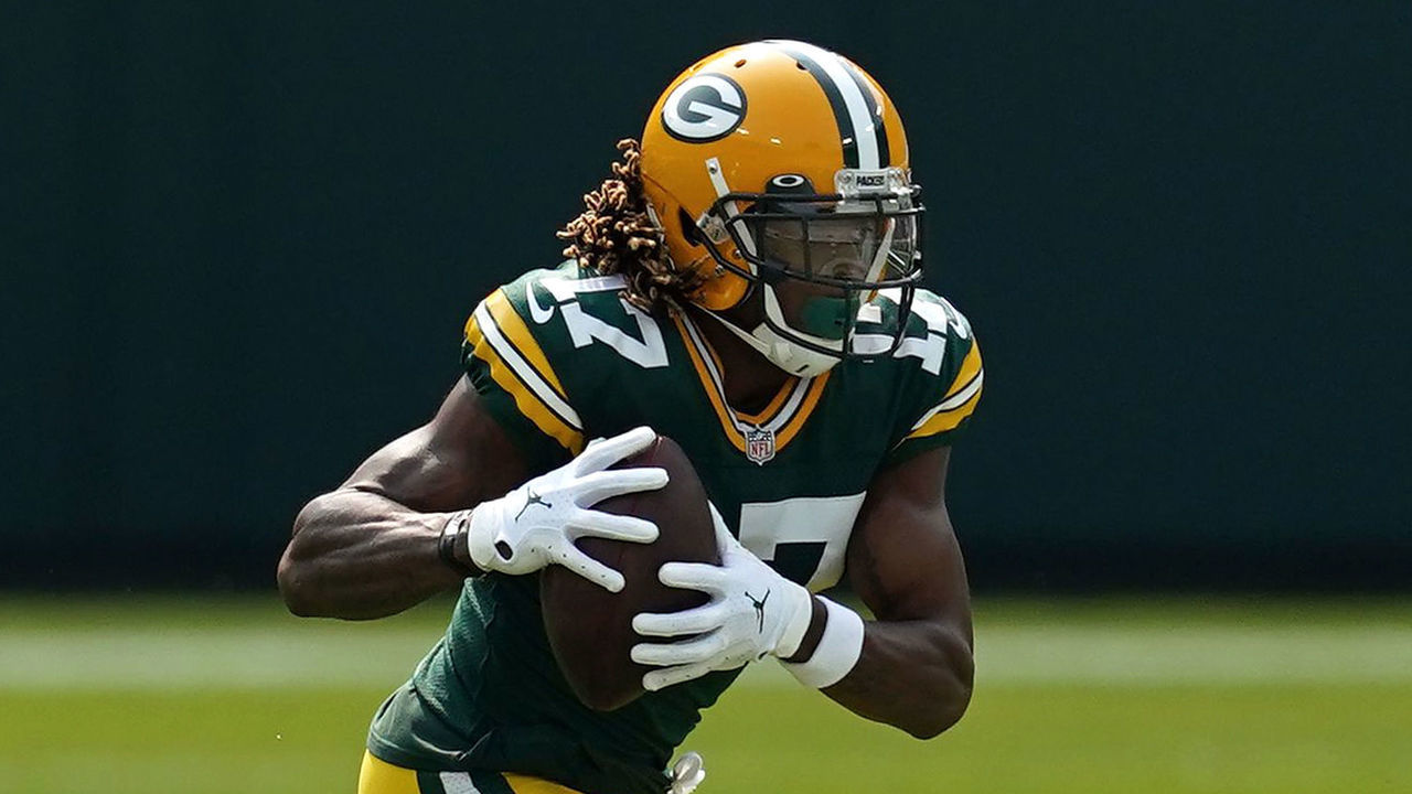 GREEN BAY, WISCONSIN - SEPTEMBER 20: Davante Adams #17 of the Green Bay Packers runs for yards after a catch during a game against the Detroit Lions at Lambeau Field on September 20, 2020 in Green Bay, Wisconsin. The Packers defeated the Lions 42-21.