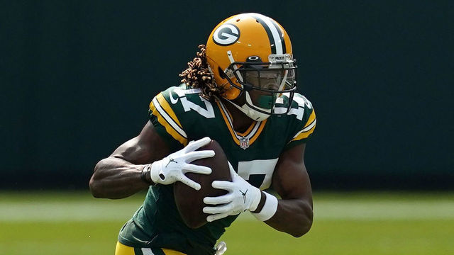 GREEN BAY, WISCONSIN - SEPTEMBER 20: Davante Adams #17 of the Green Bay Packers runs for yards after a catch during a game against the Detroit Lions at Lambeau Field on September 20, 2020 in Green Bay, Wisconsin. The Packers defeated the Lions 42-21.