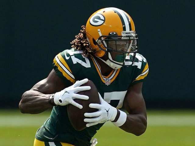 GREEN BAY, WISCONSIN - SEPTEMBER 20: Davante Adams #17 of the Green Bay Packers runs for yards after a catch during a game against the Detroit Lions at Lambeau Field on September 20, 2020 in Green Bay, Wisconsin. The Packers defeated the Lions 42-21.