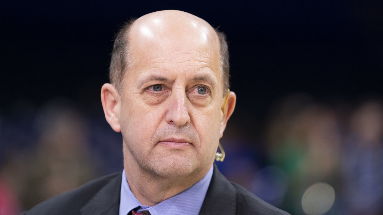 PHILADELPHIA, PA - DECEMBER 18: ESPN analyst Jeff Van Gundy looks on prior to the game between the Miami Heat and Philadelphia 76ers at the Wells Fargo Center on December 18, 2019 in Philadelphia, Pennsylvania. NOTE TO USER: User expressly acknowledges and agrees that, by downloading and/or using this photograph, user is consenting to the terms and conditions of the Getty Images License Agreement.