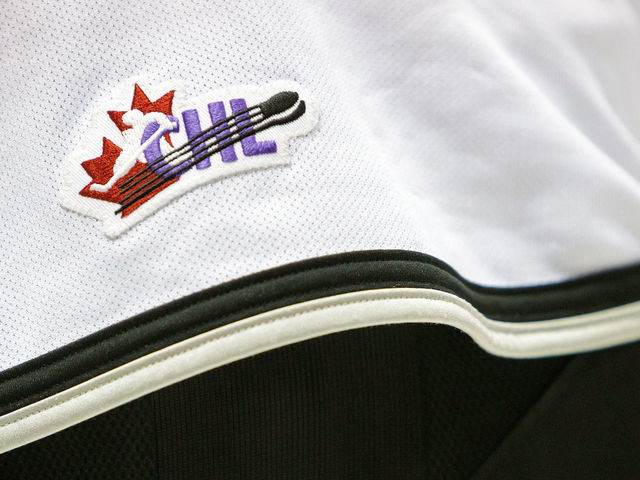 GATINEAU, CANADA - FEBRUARY 28: The CHL logo is seen on the Gatineau Olympiques jersey during the QMJHL game against the Val-D'Or Foreurs on February 28, 2014 at Robert Guertin Arena in Gatineau, Quebec, Canada.