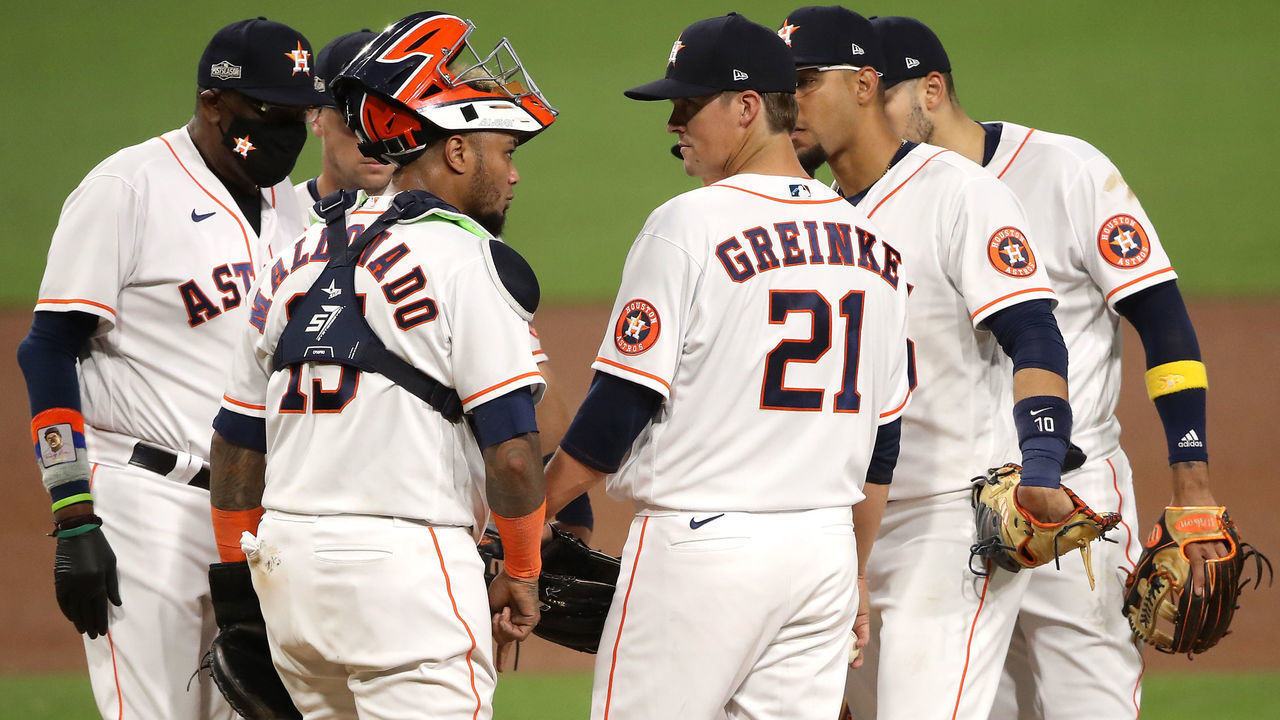 SAN DIEGO, CALIFORNIA - OCTOBER 14: Zack Greinke #21 of the Houston Astros talks with teammates on the mound during the sixth inning against the Tampa Bay Rays in Game Four of the American League Championship Series at PETCO Park on October 14, 2020 in San Diego, California.