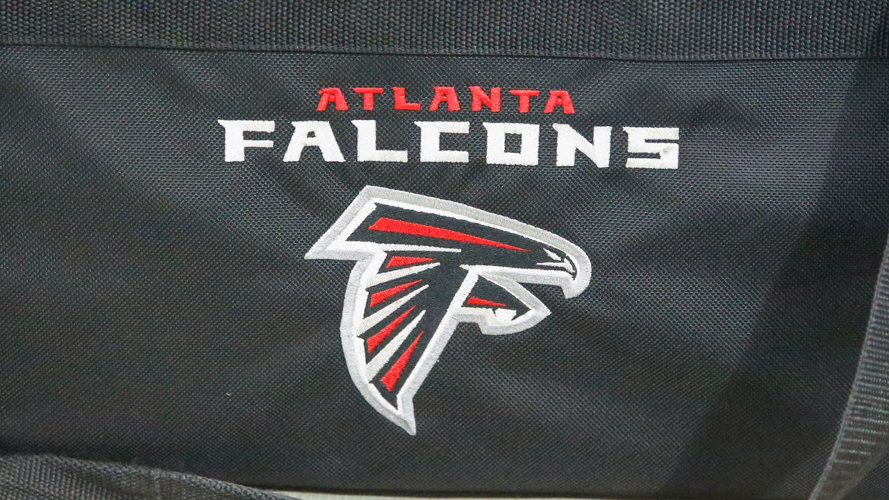 GLENDALE, AZ - OCTOBER 13: The Atlanta Falcons logo on a bag during the NFL football game between the Atlanta Falcons and the Arizona Cardinals on October 13, 2019 at State Farm Stadium in Glendale, Arizona.