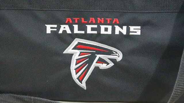 GLENDALE, AZ - OCTOBER 13: The Atlanta Falcons logo on a bag during the NFL football game between the Atlanta Falcons and the Arizona Cardinals on October 13, 2019 at State Farm Stadium in Glendale, Arizona.
