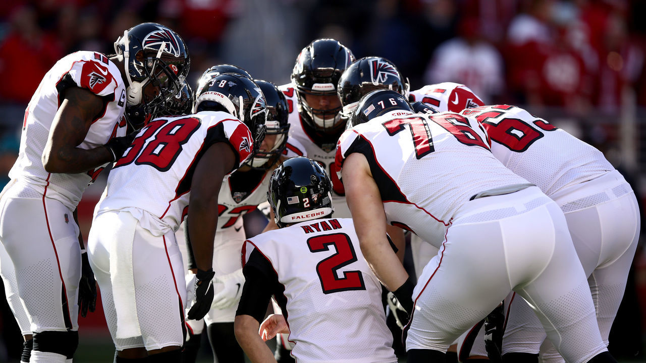 SANTA CLARA, CALIFORNIA - DECEMBER 15: Quarterback Matt Ryan #2 of the Atlanta Falcons huddles with the team during the game against the San Francisco 49ers at Levi's Stadium on December 15, 2019 in Santa Clara, California.