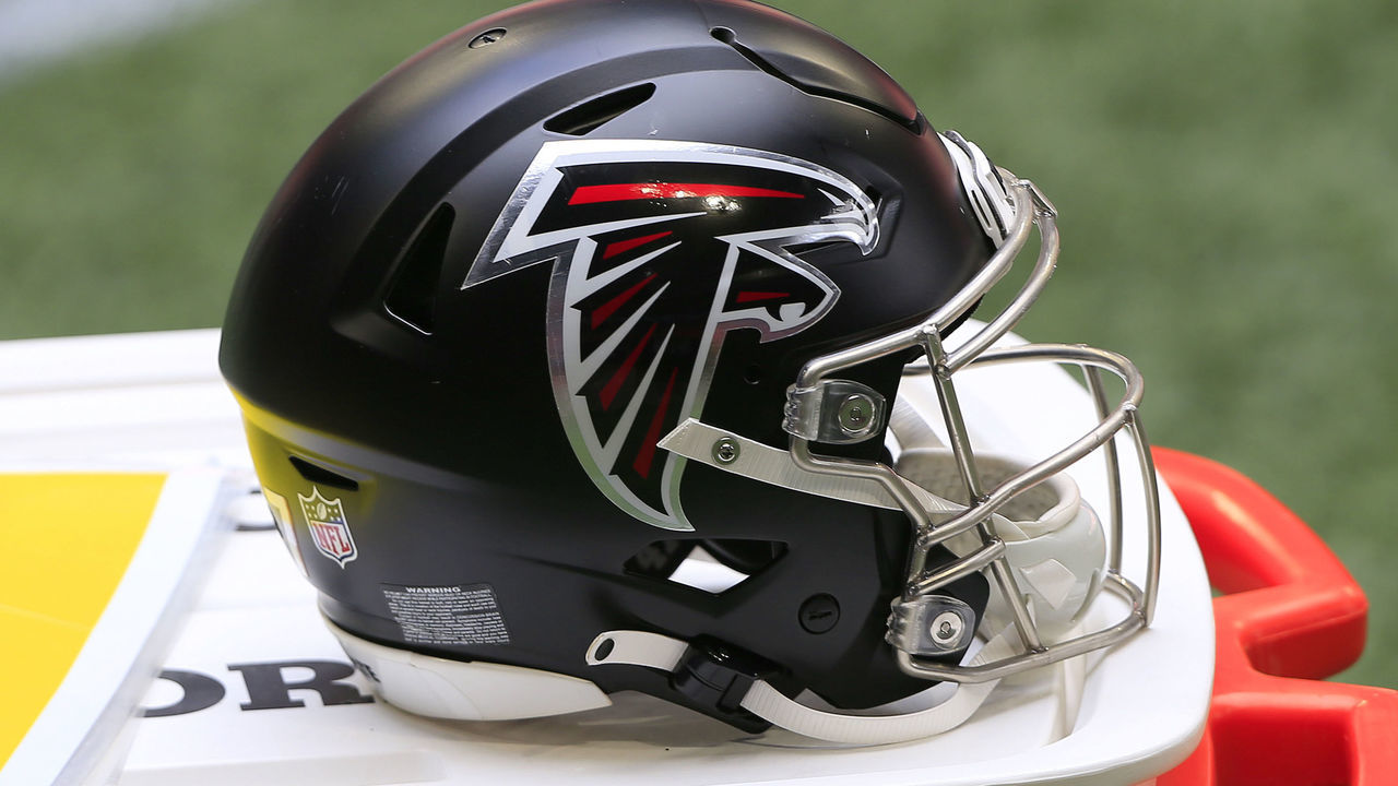 ATLANTA, GA - SEPTEMBER 27: A Falcons helmet on the sidelines during the week 2 NFL game between the Atlanta Falcons and the Chicago Bears on September 27, 2020 at Mercedes-Benz Stadium in Atlanta, Georgia.
