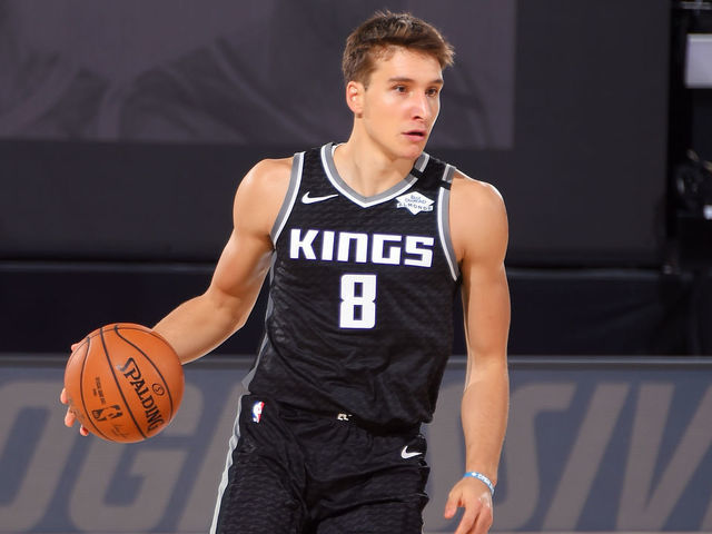 Orlando, FL - AUGUST 9: Bogdan Bogdanovic #8 of the Sacramento Kings handles the ball during the game against the Houston Rockets on August 9, 2020 at The Field House at ESPN Wide World Of Sports Complex in Orlando, Florida. NOTE TO USER: User expressly acknowledges and agrees that, by downloading and/or using this Photograph, user is consenting to the terms and conditions of the Getty Images License Agreement. Mandatory Copyright Notice: Copyright 2020 NBAE