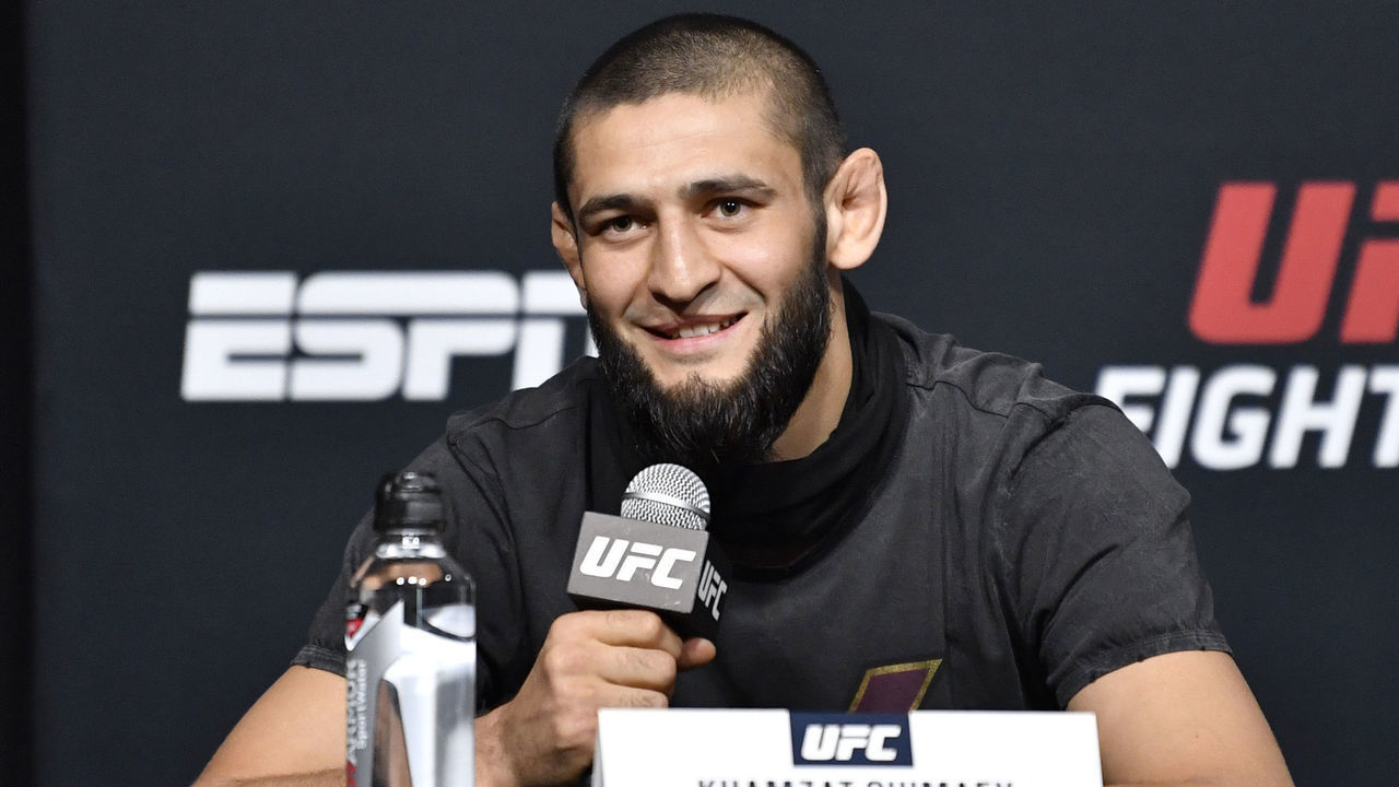 LAS VEGAS, NEVADA - SEPTEMBER 17: Khamzat Chimaev of Chechnya interacts with media during the UFC Fight Night press conference at UFC APEX on September 17, 2020 in Las Vegas, Nevada.