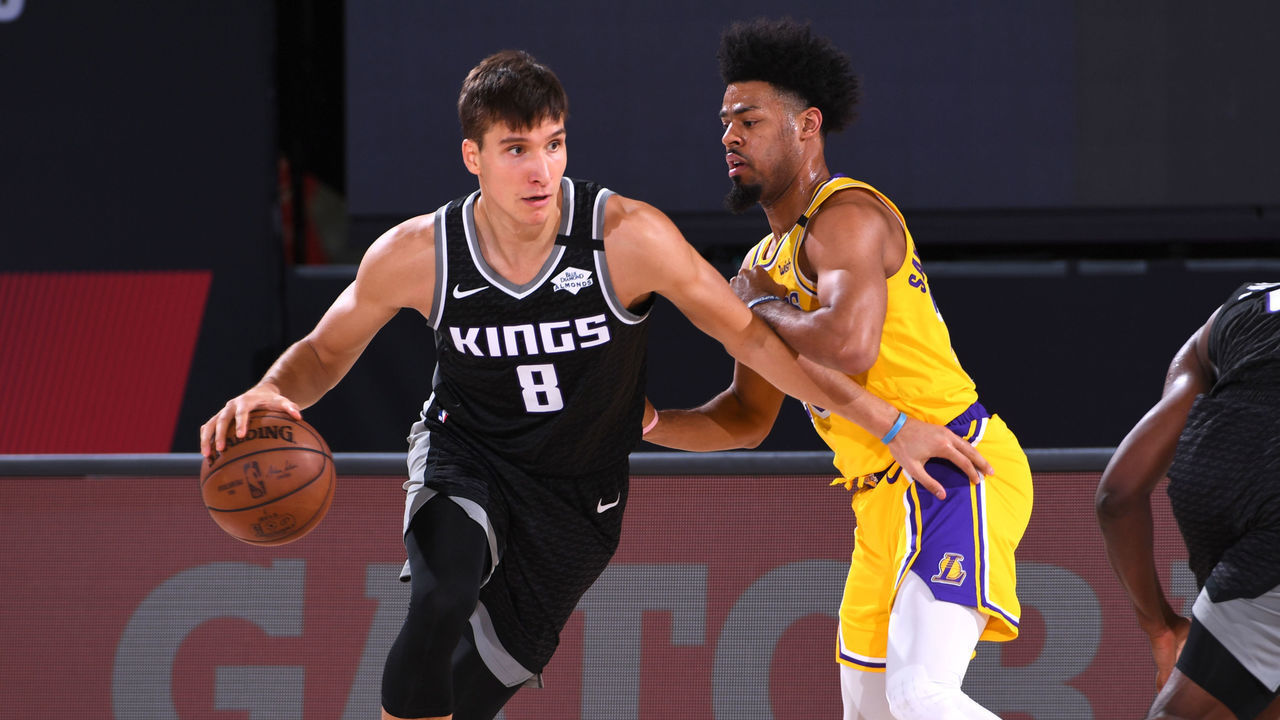 ORLANDO, FL - AUGUST 13: Bogdan Bogdanovic #8 of the Sacramento Kings drives to the basket against the Los Angeles Lakers on August 13, 2020 at The Field House in Orlando, Florida. NOTE TO USER: User expressly acknowledges and agrees that, by downloading and/or using this Photograph, user is consenting to the terms and conditions of the Getty Images License Agreement. Mandatory Copyright Notice: Copyright 2020 NBAE