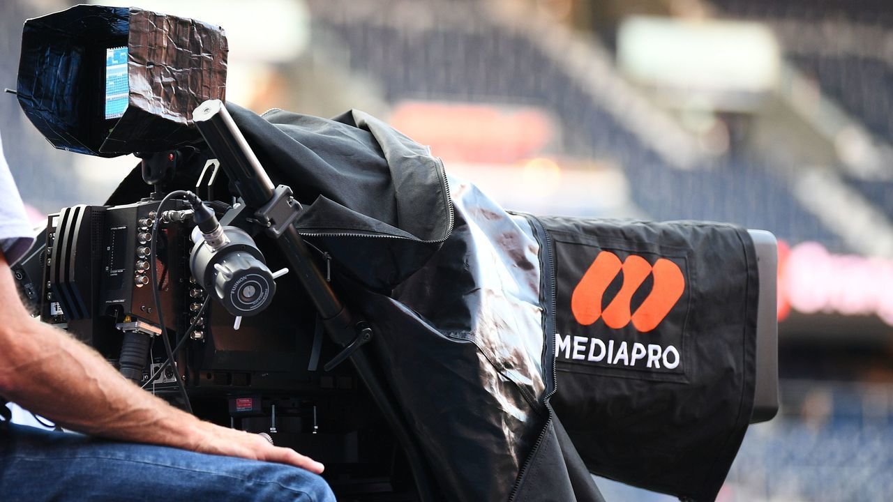 A shows a camera bearing the logo of Spanish media group Mediapro sits at his post prior to the French L1 football match between Paris Saint-Germain (PSG) and Marseille (OM) at the Parc de Princes stadium in Paris on September 13, 2020.
