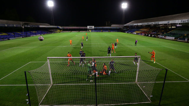 A general view of play during the EFL Trophy match between Southend United and Portsmouth at Roots Hall, Southend, England, on October 06, 2020.